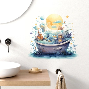 Detail of cartoon castle ship wall sticker on white bathroom wall with moon and stars
