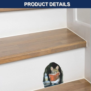 Detail of 3D mouse hole wall sticker showing a cute mouse reading by candlelight