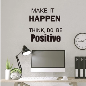 Detail of Make It Happen and Think Positive inspirational black wall decals in office decor