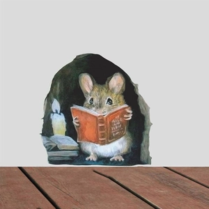Detail showing a 3D wall sticker of a cartoon mouse reading in a cozy hole on a white wall