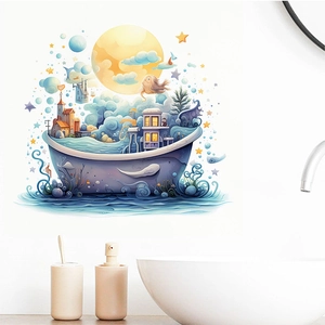 Fantasy Cartoon Castle Boat Moon Stars Clouds Wall Sticker PVC Self Adhesive Removable Decal For Living Room Bedroom Decor