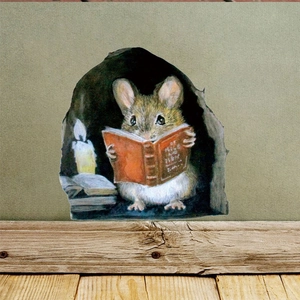 Detailed 3D mouse hole wall sticker showing a cute mouse reading by candlelight