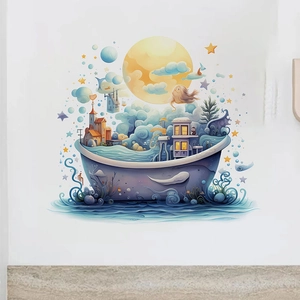 Cartoon castle ship wall sticker with fantasy moon and stars for home decoration