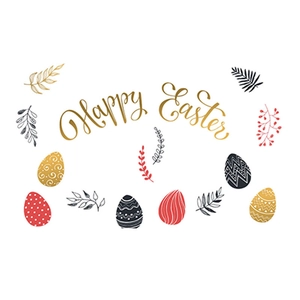 Removable Happy Easter wall stickers with golden calligraphy and colorful festive eggs