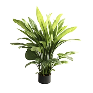 Realistic artificial Strelitzia plant with lush green leaves in a black pot for home decor