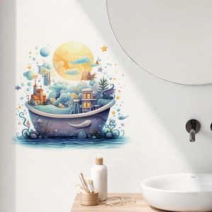 Watercolor castle boat wall decal with yellow moon for a dreamy bathroom decor