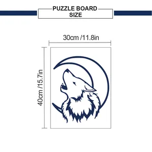 Size chart showing 30x40 cm wolf moon puzzle board dimensions in metric and imperial units