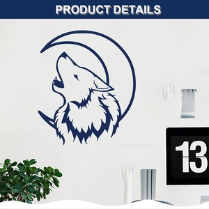 Detail of dark blue wolf howling at the crescent moon wall sticker on a white background