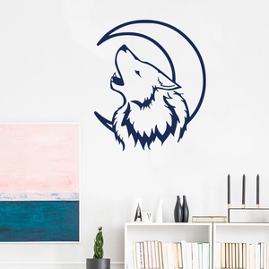Deep blue howling wolf and moon wall sticker silhouette on a white living room wall