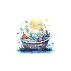 Cartoon castle ship wall decal with glowing moon and stars for living room decoration