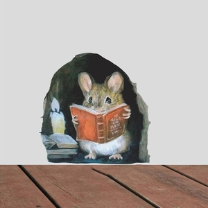 3D cartoon mouse hole wall sticker featuring a cute mouse reading in a cozy library