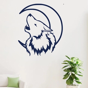 Minimalist wall sticker featuring a howling wolf head and crescent moon silhouette