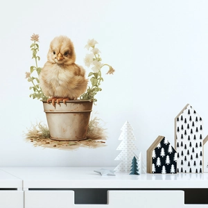 Detail showing a cute chick in a flower pot wall decal in a cozy room setting