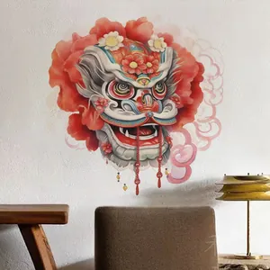 Sticker mural détaillé avec tête de lion traditionnel chinois et pivoines rouges
