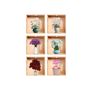 Set di 6 adesivi murali effetto 3D con fiori in scatole di legno per la decorazione della casa