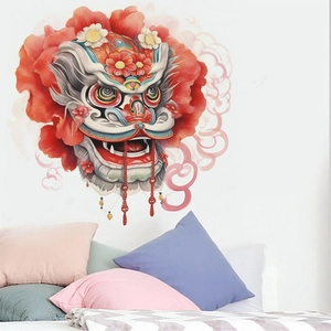 Sticker Mural Style Chinois Danse du Lion Traditionnel Pivoine Rouge PVC Autocollant Pour Décoration de Salon Chambre