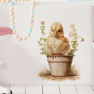 Cute wall sticker featuring a yellow chick in a ceramic pot with flowers for home decor
