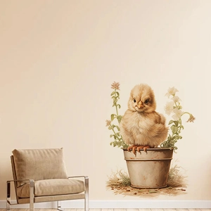 Cute chick in a vintage flower pot wall sticker for cozy bedroom and living room decor