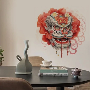 Sticker mural danse du lion chinois traditionnel avec pivoines rouges pour décoration