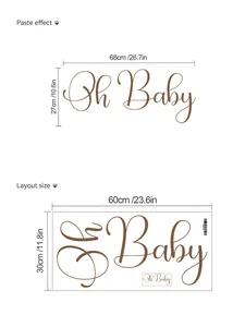 Size chart showing Oh Baby wall decal layout 60x30cm and finished size 68x27cm