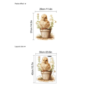 Cartoon chick in flower pot wall sticker with floral accents and layout dimensions
