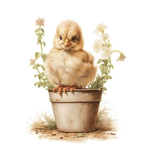 Cute yellow chick on vintage metal flower pot wall sticker with white floral accents