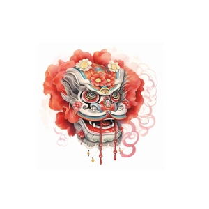Autocollant de danse du lion chinois avec pivoines rouges dans un style d'art oriental
