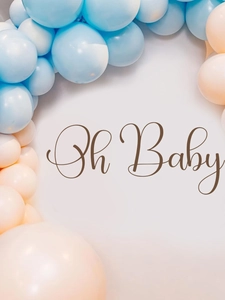 Detailed view of Oh Baby wall decal stickers with Morandi blue and cream balloons