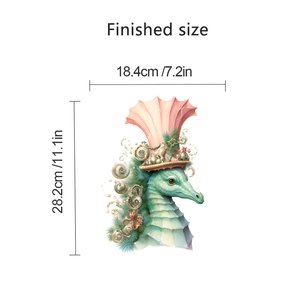 Detailed dimension guide for the seahorse wall decal showing 18.4cm by 28.2cm size