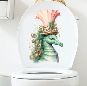 Macro detail of cartoon seahorse toilet sticker with floral hat and seashell accents