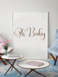 Detail view of brown Oh Baby wall decal in a modern nursery room setting
