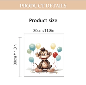 Detail showing 30x30cm cartoon monkey wall sticker with balloons and dimensions