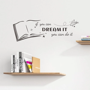 Minimalist black wall sticker with open book, paper airplane and dream quote for decor