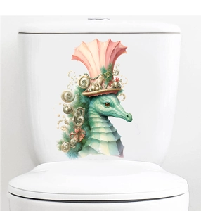 Detail of seahorse toilet sticker with coral and shell decorations on a white tank