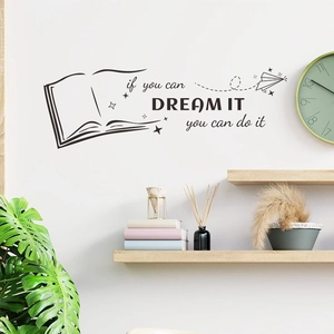 Inspirational book and paper airplane wall sticker with if you can dream it you can do it text