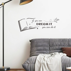 Detail of minimalist book and paper airplane wall sticker with dream it do it quote