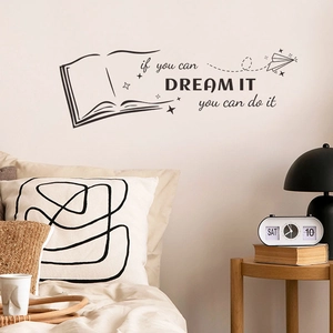 Detail of dream it do it wall decal with black book and paper plane for bedroom