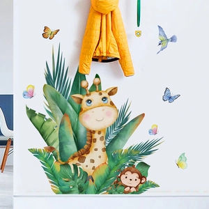 Cartoon giraffe and monkey wall decals with tropical palm leaves and butterflies
