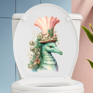 Self-adhesive seahorse toilet lid sticker with mint green pattern for bathroom decor
