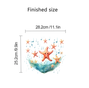 Finished size dimensions for cartoon starfish wall sticker with blue notes and water waves
