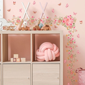 Pink Rose Flower Butterfly Wall Sticker PVC Self Adhesive Removable Watercolor Floral Decal For Living Room Bedroom Decor