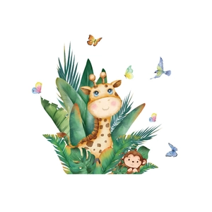 Watercolor cartoon giraffe and monkey wall stickers with tropical leaves for bedroom decor