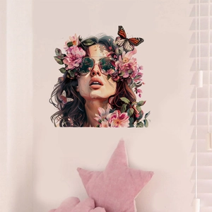 Sticker Mural Fille à la Mode Lunettes de Soleil Fleurs Roses Papillon PVC Amovible Décoration de Maison pour Salon