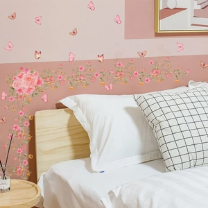 Pink rose and butterfly wall stickers for bedroom home decor on a clean white background
