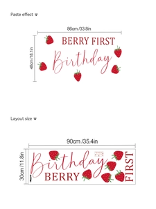 Vue détaillée des autocollants d'anniversaire fraise avec dimensions du produit et du tracé