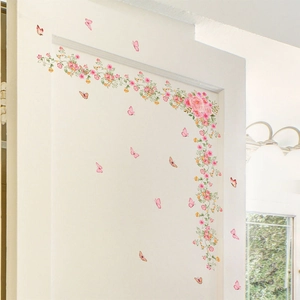 Pink rose floral wall stickers with butterflies for living room corner and door frame