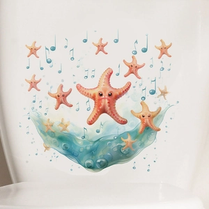 Cartoon Ocean Starfish Toilet Stickers With Music Notes And Waves Waterproof PVC Decals For Bathroom Home Decoration