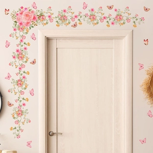 Detailed pink floral wall decals with butterflies for home door frames and wall corners decoration