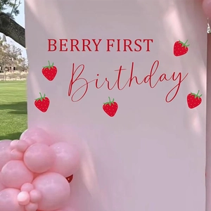 Stickers Muraux Fraise Berry First Birthday Autocollants Fraise Dessin Animé pour Premier Anniversaire Décoration Fond de Fête PVC Étanche