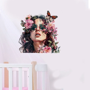 Sticker mural d'une fille avec lunettes et fleurs pour décoration de salon